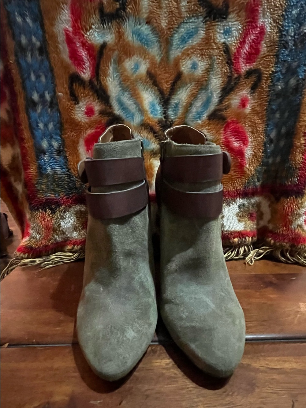 Nine West Olive Green Suede Ankle Boots with Dark Brown Strap